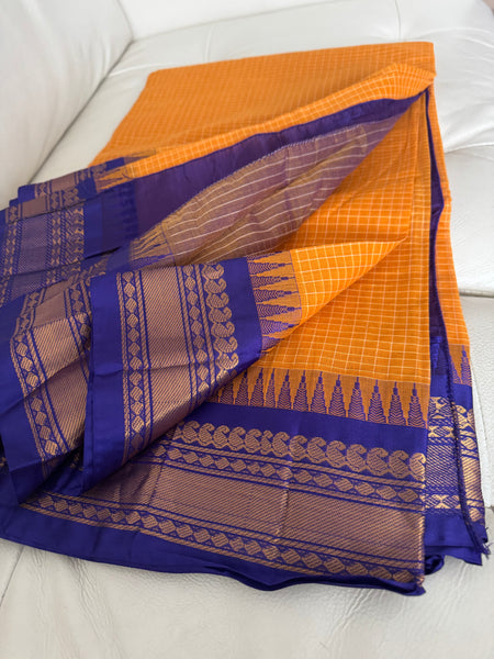 Pure Cotton Orange and Blue Gadwal Saree