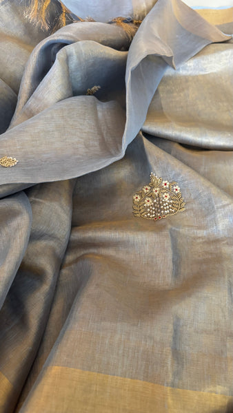 Dual Tone Grey Silver Gold Tone Tissue Linen Saree