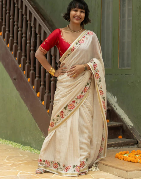 Off White And Gold Cotton Viscose Printed Saree With Floral Border