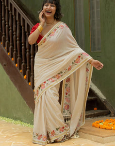 Off White And Gold Cotton Viscose Printed Saree With Floral Border