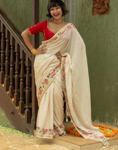 Off White And Gold Cotton Viscose Printed Saree With Floral Border