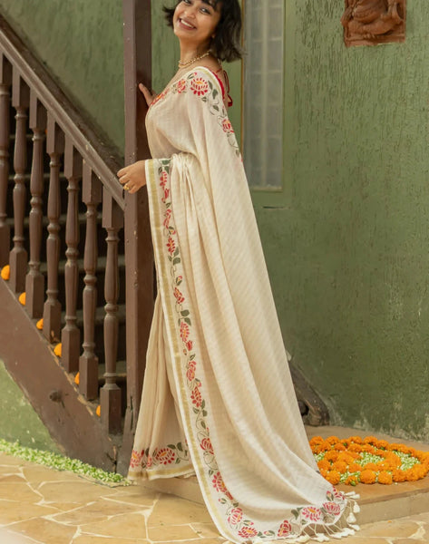 Off White And Gold Cotton Viscose Printed Saree With Floral Border