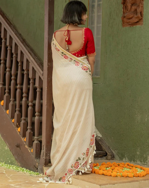 Off White And Gold Cotton Viscose Printed Saree With Floral Border