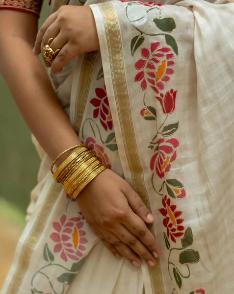 Off White And Gold Cotton Viscose Printed Saree With Floral Border