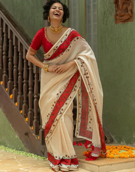 Off White Cotton Viscose Floral Printed Saree With Tassels