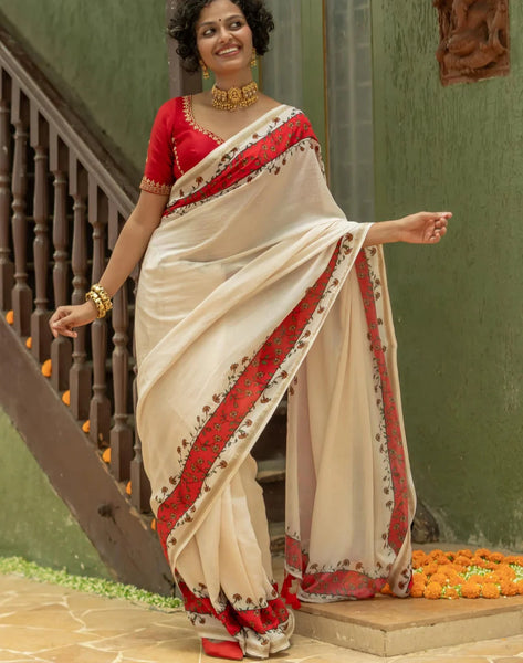 Off White Cotton Viscose Floral Printed Saree With Tassels