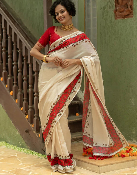 Off White Cotton Viscose Floral Printed Saree With Tassels