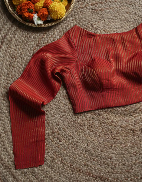 Light Weigh Red Full Sleeve Blouse in Viscose Zari With V Neck Front Hook Opening And Woven Zari Stripes