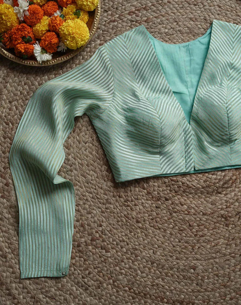 Mint Green Full Sleeve Blouse in Viscose Zari With V Neckline Front Hook Opening And Delicate Zari Stripes