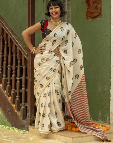 Off White Cotton Viscose Printed Traditional Saree With Tassels