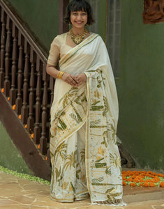 Off White Cotton Viscose Printed Saree With Tassels