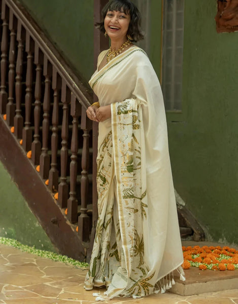 Off White Cotton Viscose Printed Saree With Tassels