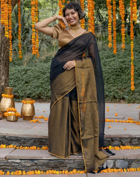 Black Mul Cotton Saree With Running Zari