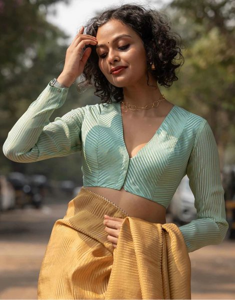 Mint Green Full Sleeve Blouse in Viscose Zari With V Neckline Front Hook Opening And Delicate Zari Stripes