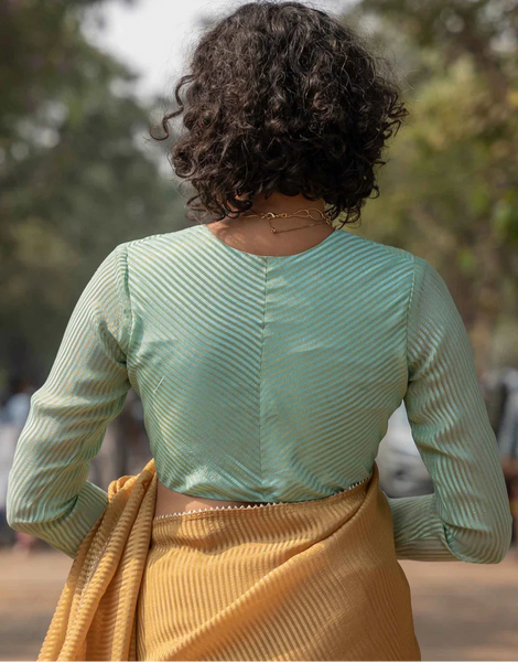 Mint Green Full Sleeve Blouse in Viscose Zari With V Neckline Front Hook Opening And Delicate Zari Stripes