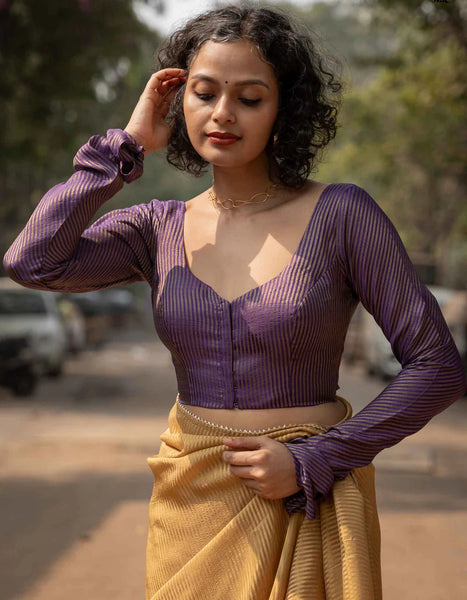 Vibrant Purple Full Sleeve Blouse in Viscose Zari With Dome Neckline Front Hook Opening And Rich Zari Stripes