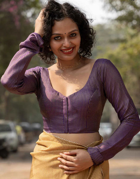 Vibrant Purple Full Sleeve Blouse in Viscose Zari With Dome Neckline Front Hook Opening And Rich Zari Stripes