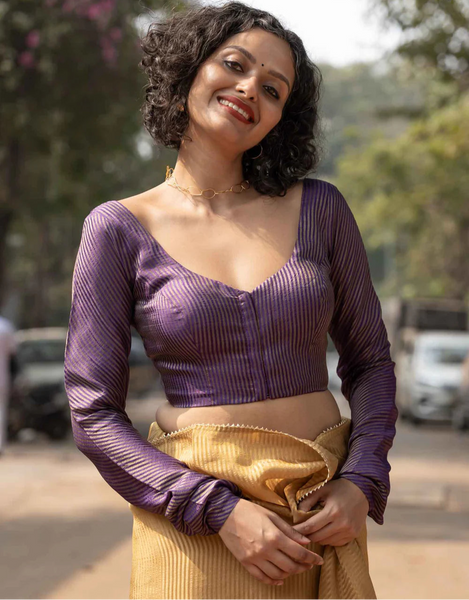 Vibrant Purple Full Sleeve Blouse in Viscose Zari With Dome Neckline Front Hook Opening And Rich Zari Stripes