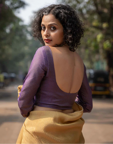 Vibrant Purple Full Sleeve Blouse in Viscose Zari With Dome Neckline Front Hook Opening And Rich Zari Stripes