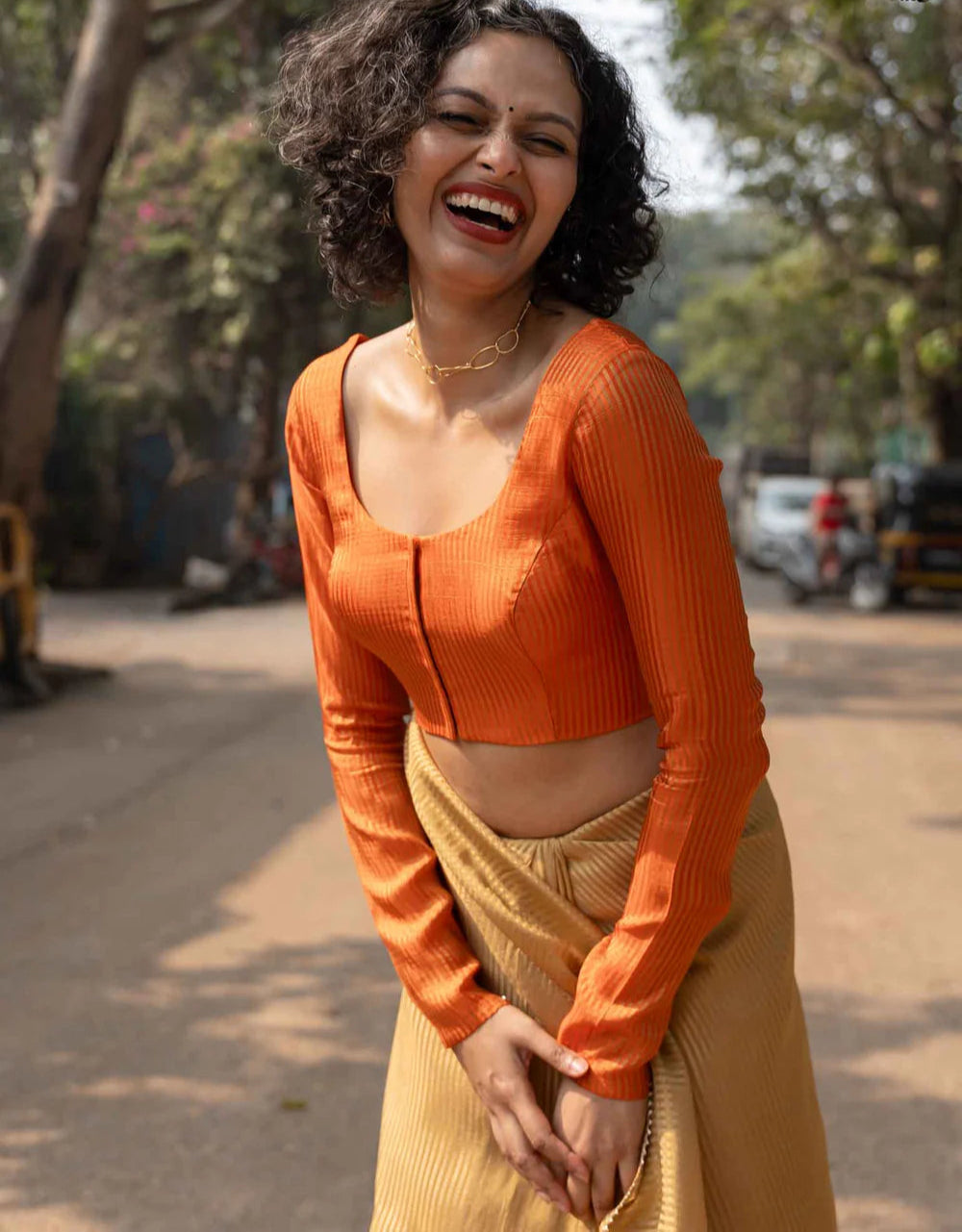 Full Sleeve Rust Blouse in Viscose Zari With Dome Neckline Front Hook Opening And Woven Zari Stripes