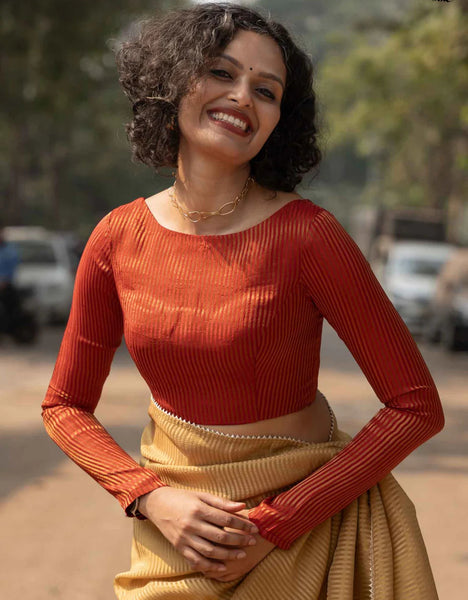 Light Weigh Red Full Sleeve Blouse in Viscose Zari With V Neck Front Hook Opening And Woven Zari Stripes