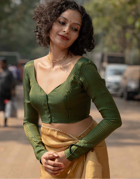 Full Sleeve Green Blouse in Viscose Zari With Dome Neckline Front Hook Opening And Woven Zari Stripes