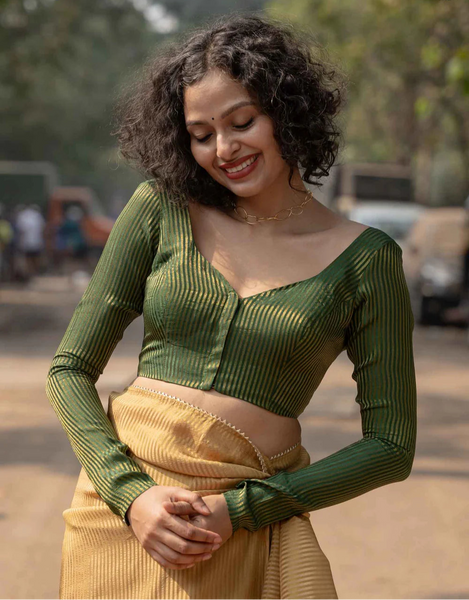 Full Sleeve Green Blouse in Viscose Zari With Dome Neckline Front Hook Opening And Woven Zari Stripes