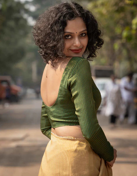 Full Sleeve Green Blouse in Viscose Zari With Dome Neckline Front Hook Opening And Woven Zari Stripes