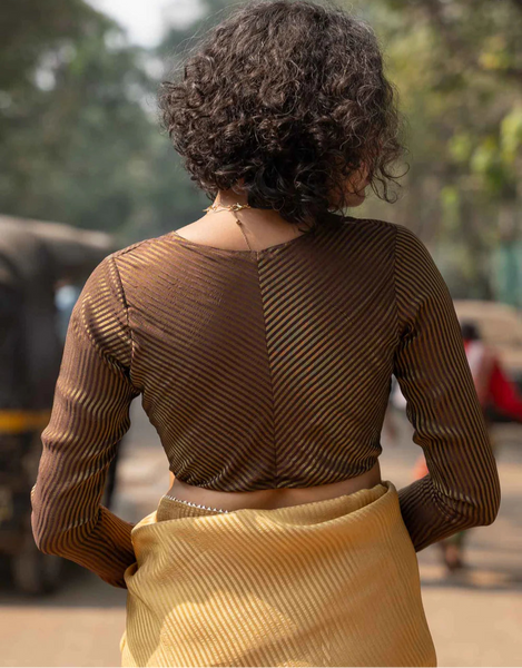 Light Weigh Brown Full Sleeve Blouse in Viscose Zari With V Neck Front Hook Opening And Woven Zari Stripes