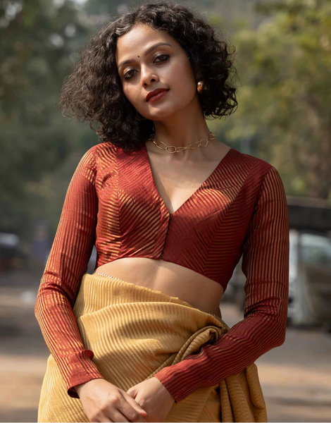 Luxurious Maroon Full Sleeve Blouse in Viscose Zari With Boat Neck Back Hook Opening And Premium Zari Stripes