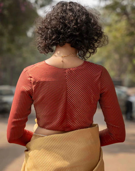 Luxurious Maroon Full Sleeve Blouse in Viscose Zari With Boat Neck Back Hook Opening And Premium Zari Stripes