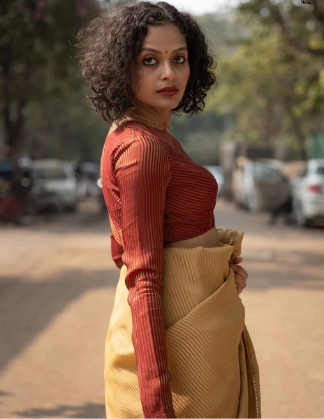 Luxurious Maroon Full Sleeve Blouse in Viscose Zari With Boat Neck Back Hook Opening And Premium Zari Stripes