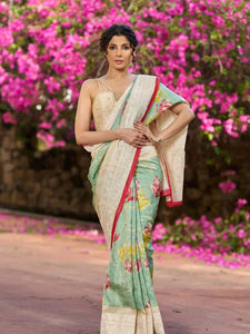 Pista Green Pure Tussar Silk Printed Saree