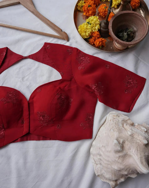 Readymade Red Viscose Organza Embroidery Blouse With Sweetheart Neckline