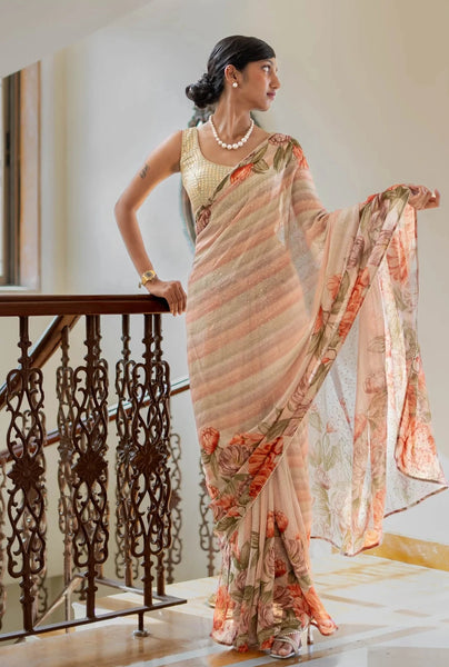 Multicolour Chiffon Georgette Floral Print Saree With Sequins