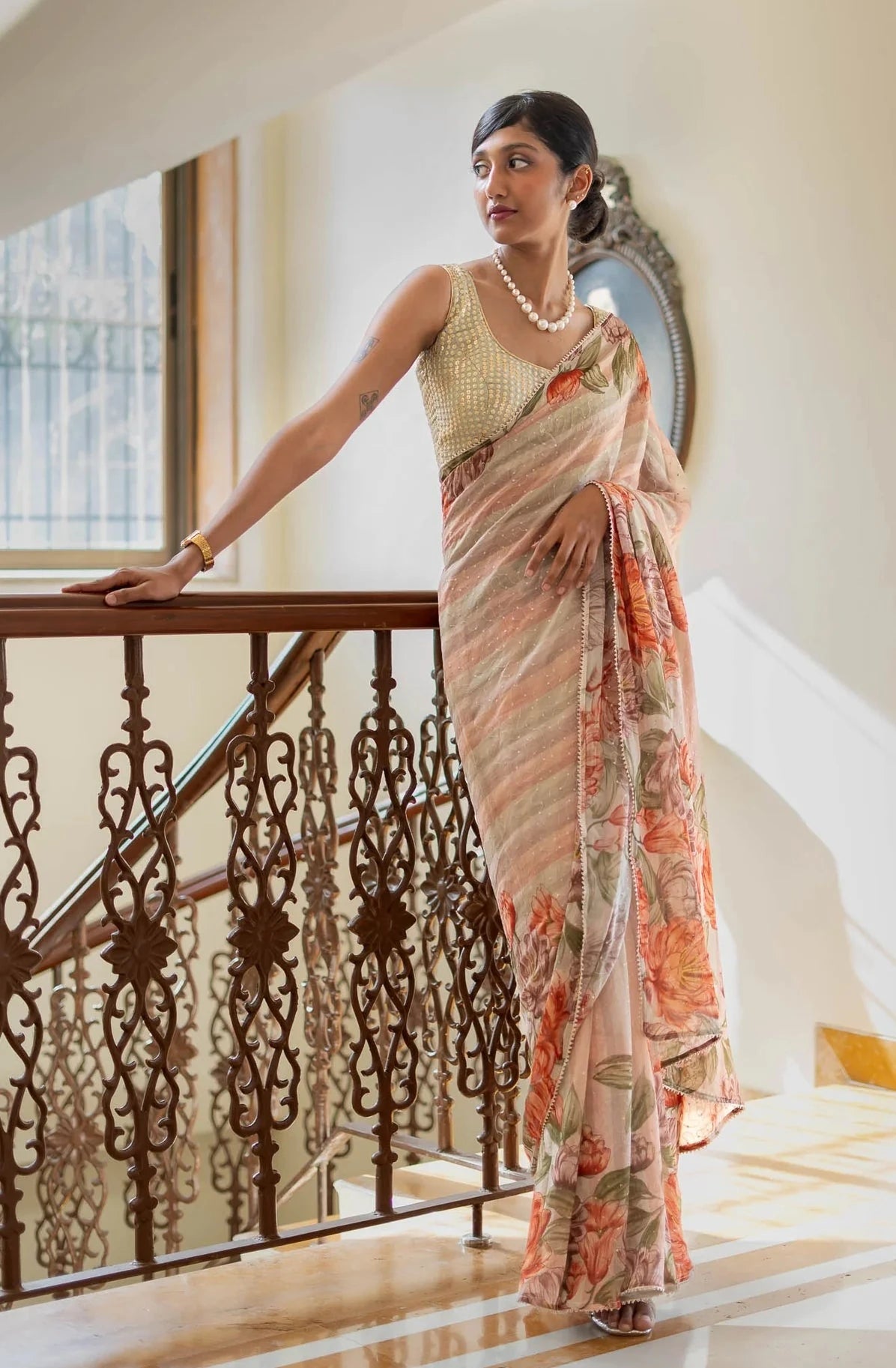 Multicolour Chiffon Georgette Floral Print Saree With Sequins