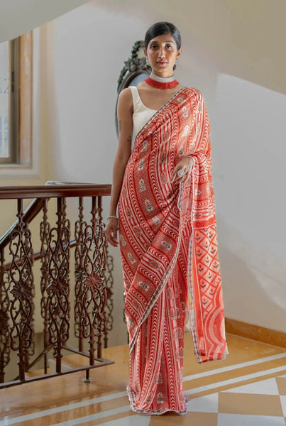 White and Red Chiffon Georgette Printed Saree With Sequins