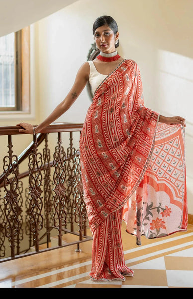 White and Red Chiffon Georgette Printed Saree With Sequins