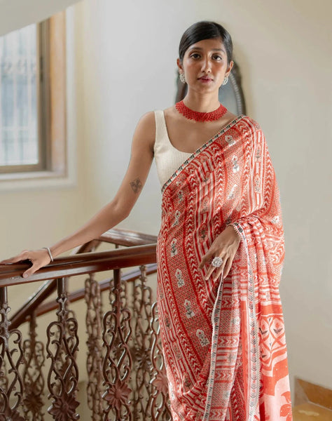 White and Red Chiffon Georgette Printed Saree With Sequins