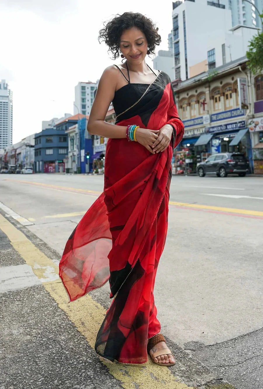 Red Viscose Organza Floral Sheer Saree