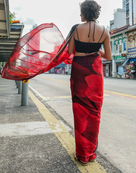 Red Viscose Organza Floral Sheer Saree