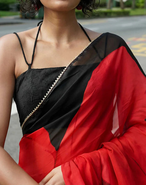 Red Viscose Organza Floral Sheer Saree