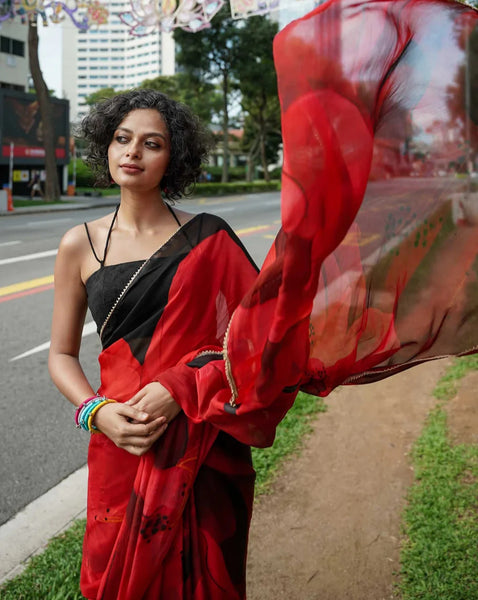 Red Viscose Organza Floral Sheer Saree