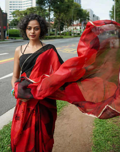 Red Viscose Organza Floral Sheer Saree