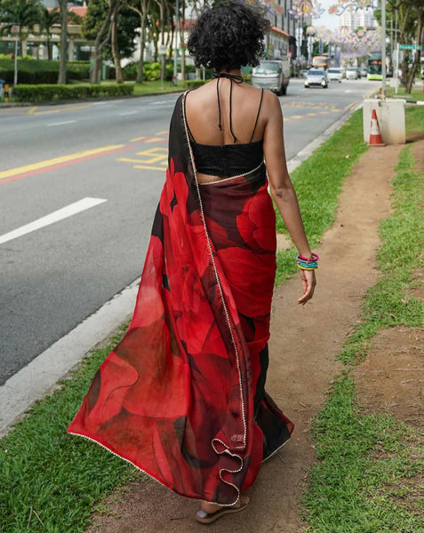 Red Viscose Organza Floral Sheer Saree