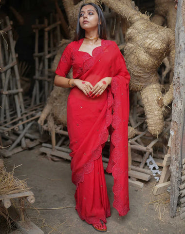 Red Viscose Organza Embroidery Saree With Sequins