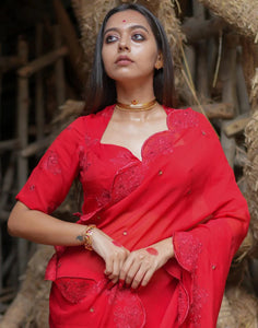 Readymade Red Viscose Organza Embroidery Blouse With Sweetheart Neckline