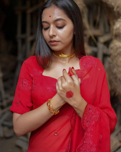 Readymade Red Viscose Organza Embroidery Blouse With Sweetheart Neckline