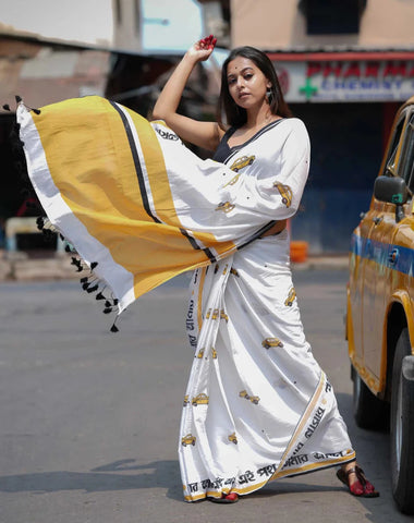 White Mulmul Cotton Printed Saree With Tassels