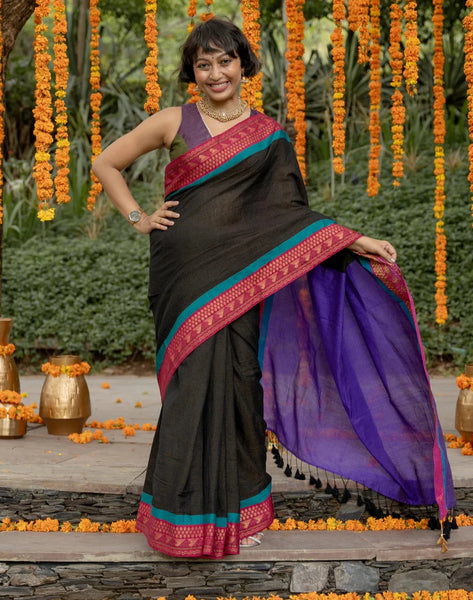 Cotton Acrylic Saree With Thick Zari Border And Tassels